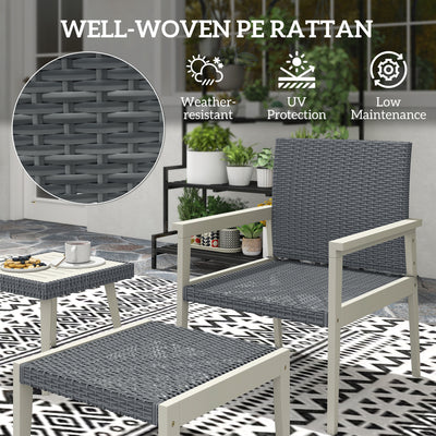 Outsunny 5 Pieces Rattan Garden Furniture Set, Patio Conversation Set with Cushions, Acacia Wood Top Coffee Table and Footstools, Outdoor Table and Chairs for Balcony, Terrace and Conservatory, Grey 