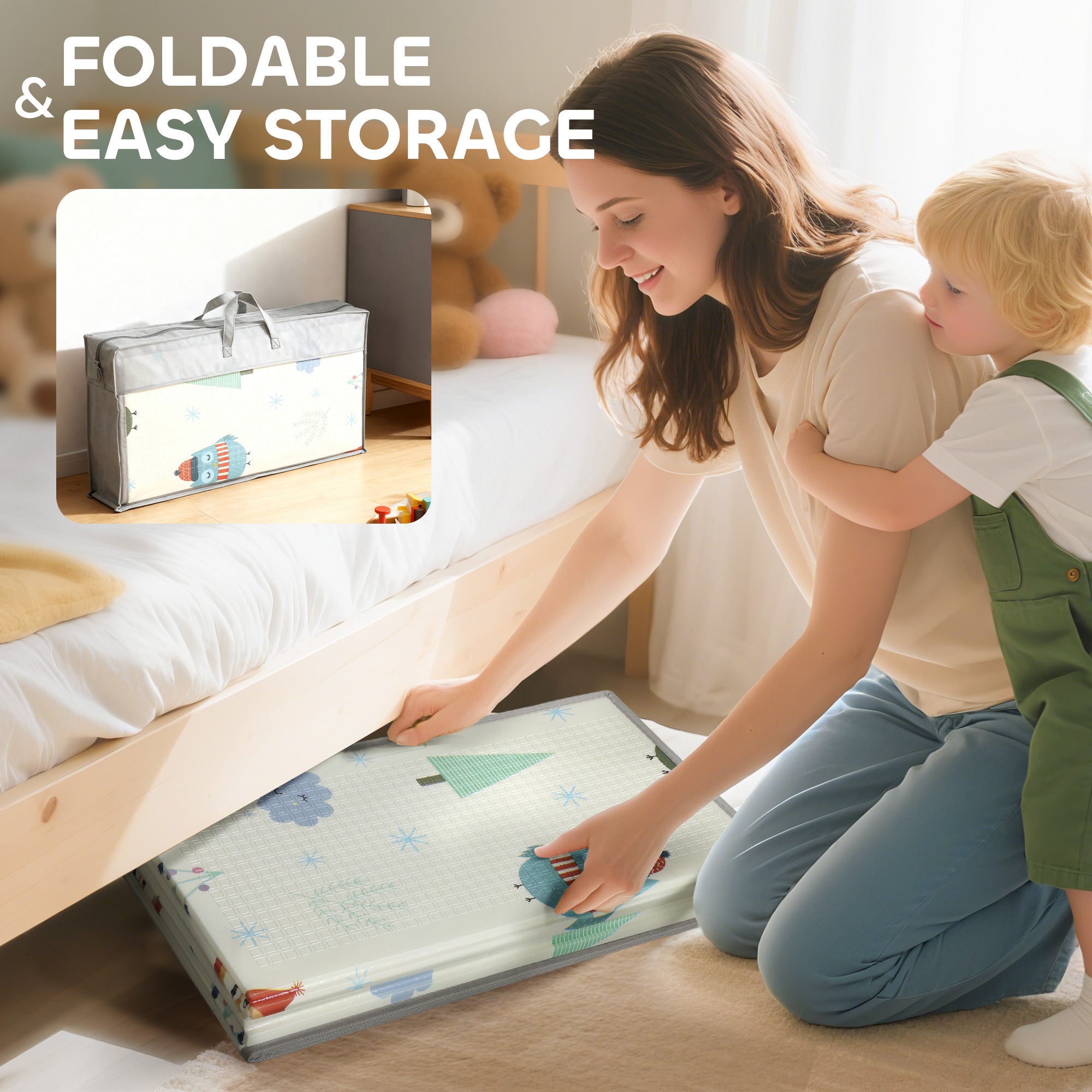 AIYAPLAY Foldable Baby Plat Mat Double Sided, Kids Floor Mat for Crawling, 200L x 150W cm, Car track and Owl Theme 