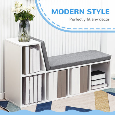 HOMCOM Bookcase Storage Shelf with Cushioned Reading Seat, Bookshelf Storage Cabinet for Study Living Room, White 