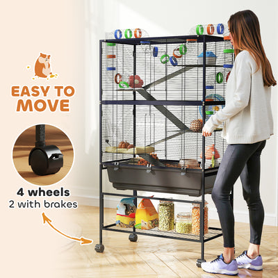 PawHut 5 Tier Large Hamster Cage on Wheels with 17 cm Deep Tray, Storage Shelf for Syrian, Gerbil, Rats 