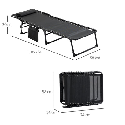 Outsunny Portable Sun Lounger, Folding Camping Bed Cot, Reclining Lounge Chair 5-position Adjustable Backrest with Side Pocket, Pillow for Patio Garden Beach Pool, Black 