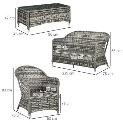 Outsunny Four-Piece Rattan Sofa Set, with Glass-Top Table - Mixed Grey 