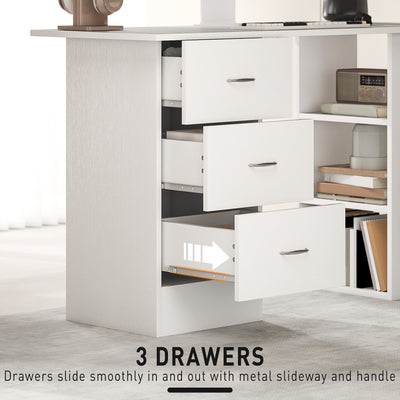 HOMCOM Computer Desk, Writing Table, PC Workstation with 3 Storage Shelves and Drawers, Silver Handle, for Home Office, White 