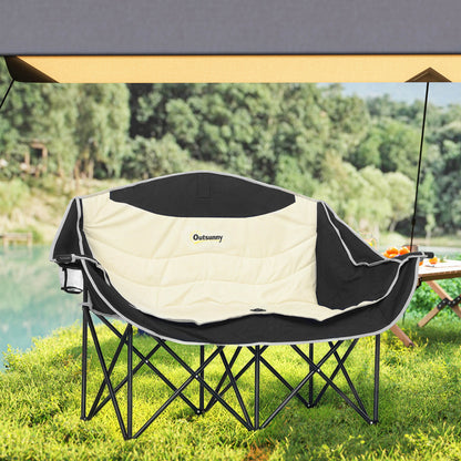 Outsunny Double Camping Chair for Adults, Oversized Heavy Duty Padded Folding Chair with Armrests, Cup Holders and Carry Bag for Outdoor Camping Hiking Picnic Fishing, 250kg Capacity, Khaki 