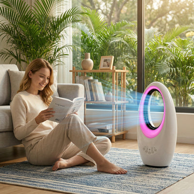 HOMCOM Bladeless Tower Fan, 36dB Standing Cooling Fan with 60° Oscillating, LED Lights, 3 Speeds, 7.5H Timer, Remote Control 