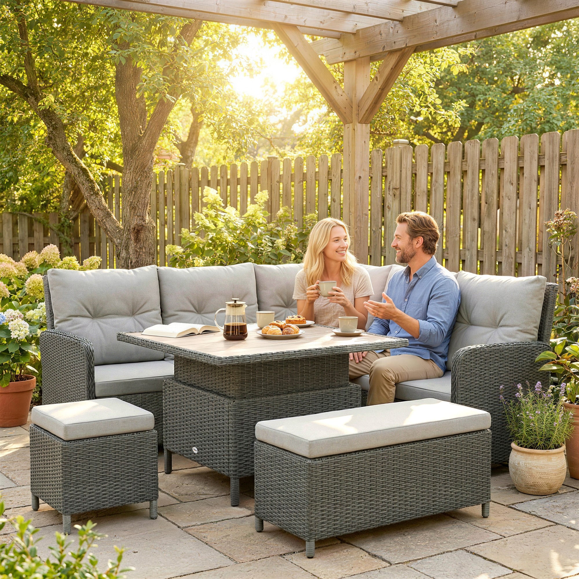 Outsunny 6 Pieces Outdoor PE Rattan Garden Furniture, Patio Wicker Sectional Conversation Corner Sofa 