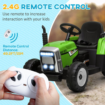 HOMCOM Ride On Tractor, Battery Powered Electric Car, with Detachable Trailer, Remote Control, Music - Green 