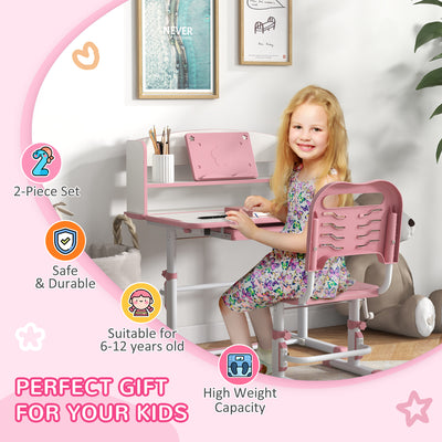 ZONEKIZ Height Adjustable Kids Study Table and Chair Set, with Drawer, Storage Shelf, 80 x 54.5 x 104 cm, Pink 