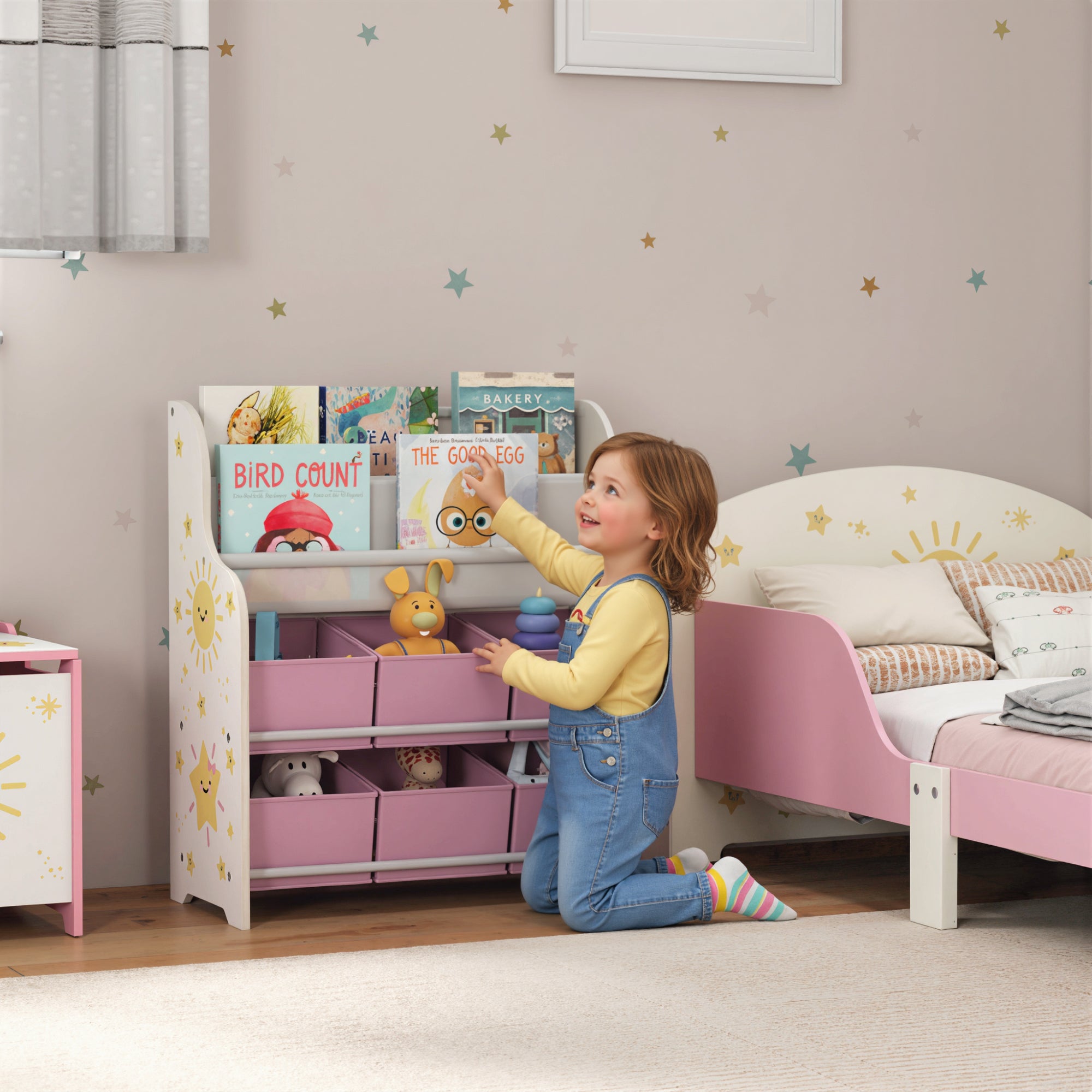 AIYAPLAY Kids Storage Unit, Toy Organiser with 6 Fabric Drawers and 2-Tier Sling Book Rack for Bedroom, Playroom, Nursery, Pink 