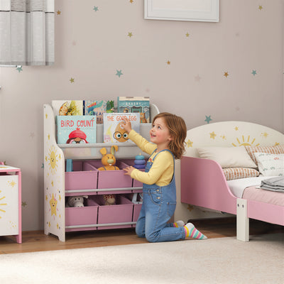 AIYAPLAY Kids Storage Unit, Toy Organiser with 6 Fabric Drawers and 2-Tier Sling Book Rack for Bedroom, Playroom, Nursery, Pink 