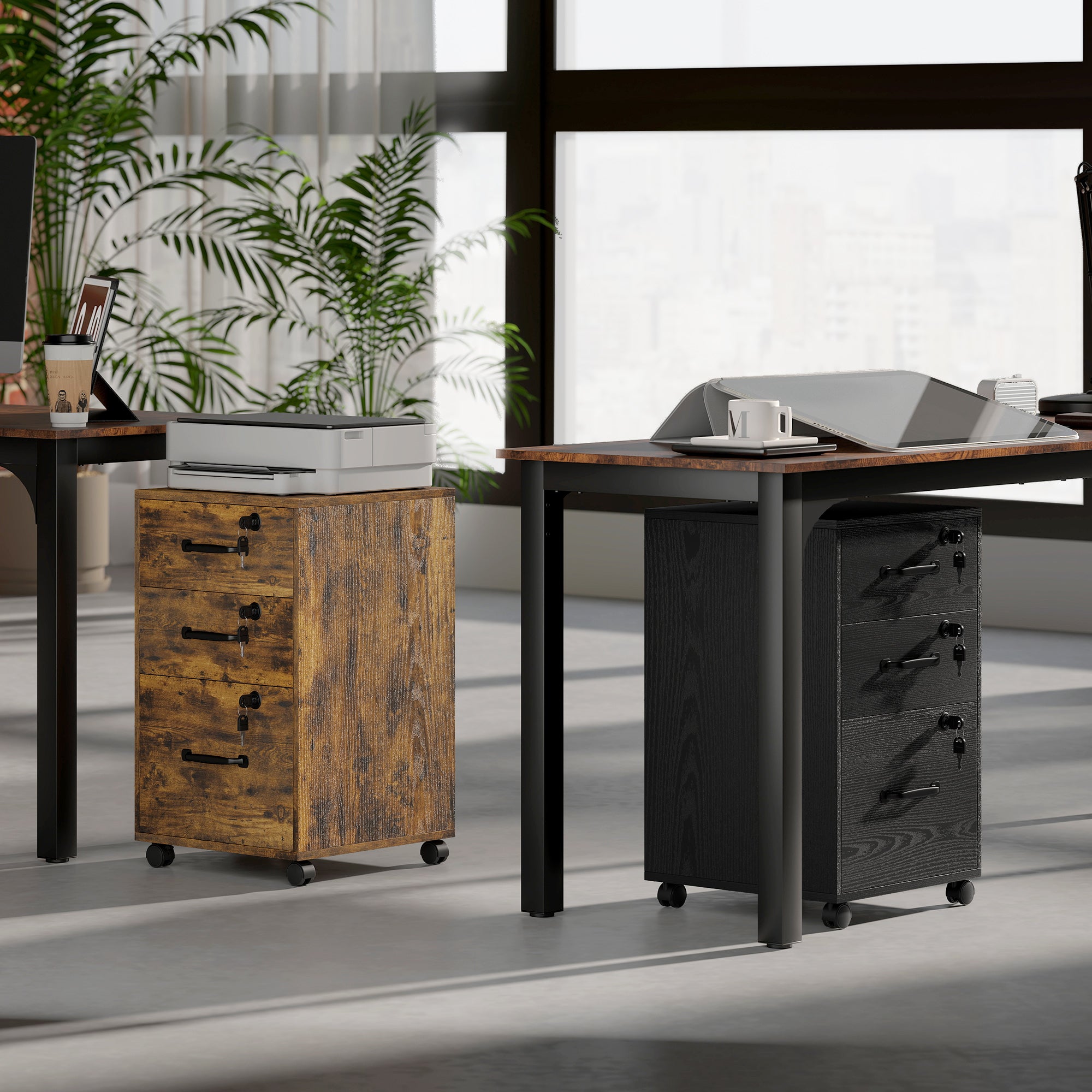 HOMCOM Three Drawer Wood-Effect Filing Cabinet - Rustic Brown 
