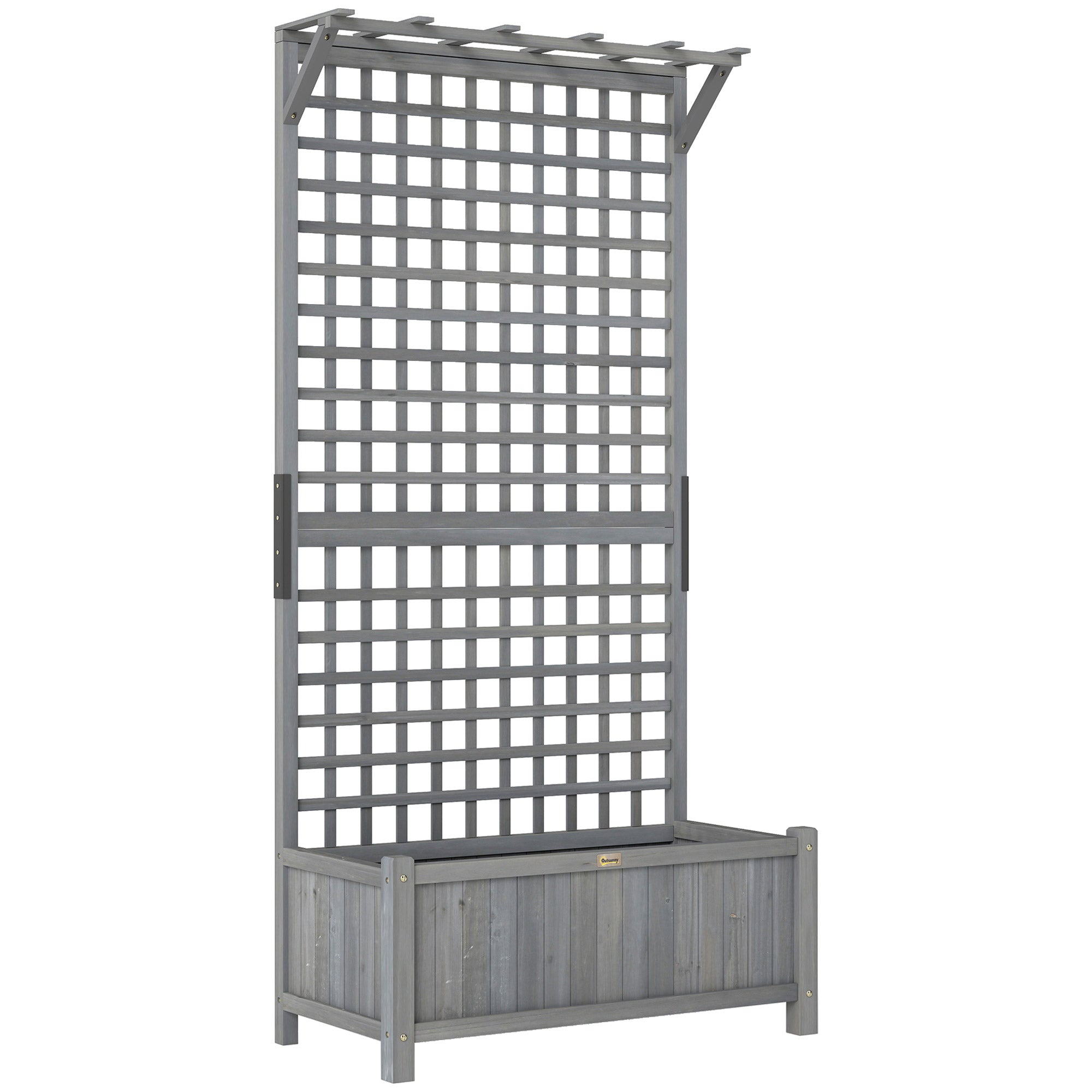 Outsunny Raised Bed with Drainage Holes, Wood Planter with Trellis for Climbing Plants, Dark Grey 
