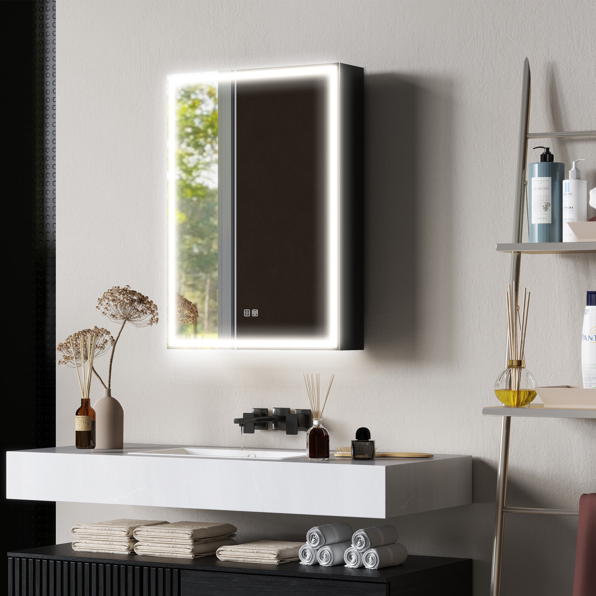 HOMCOM Bathroom Mirror Cabinet with LED Lights and Shaver Socket, 500 x 700 mm Wall Mounted Bathroom Cabinet with Mirror, Demister Pad, Dimmer, 3 Colours, Medicine Cabinet, Black