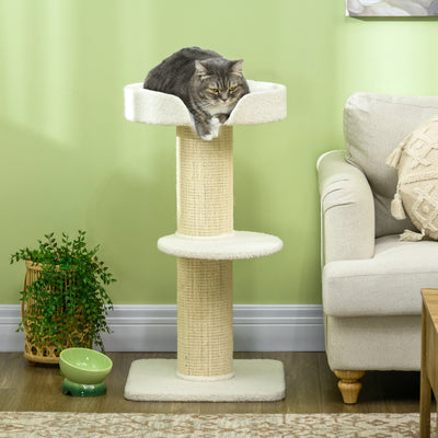 PawHut 2 Tier Sisal Sherpa Cat Tree with Basket Cushion Sisal Post Cream White 
