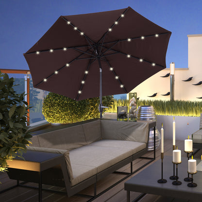 Outsunny Φ2.7m Garden 24 LED Light Parasol Solar Outdoor Tilt Sun Umbrella Patio Club Party Event Manual Sun Shade w/ Hand Crank and 8 Ribs, Brown