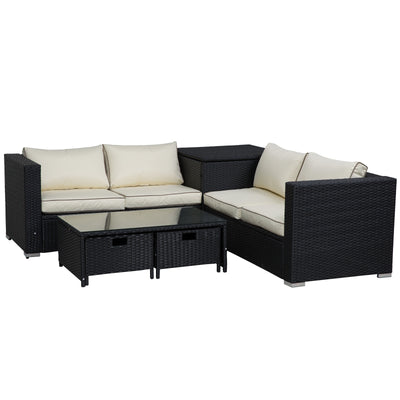 Outsunny 4 Pieces Rattan Garden Furniture Set, 4 Seater Corner Sofa Set with Storage Box, 2 Drawers Coffee Table, Loveseats with Cushions, Wicker Garden Conservatory Furniture for Balcony, Black 
