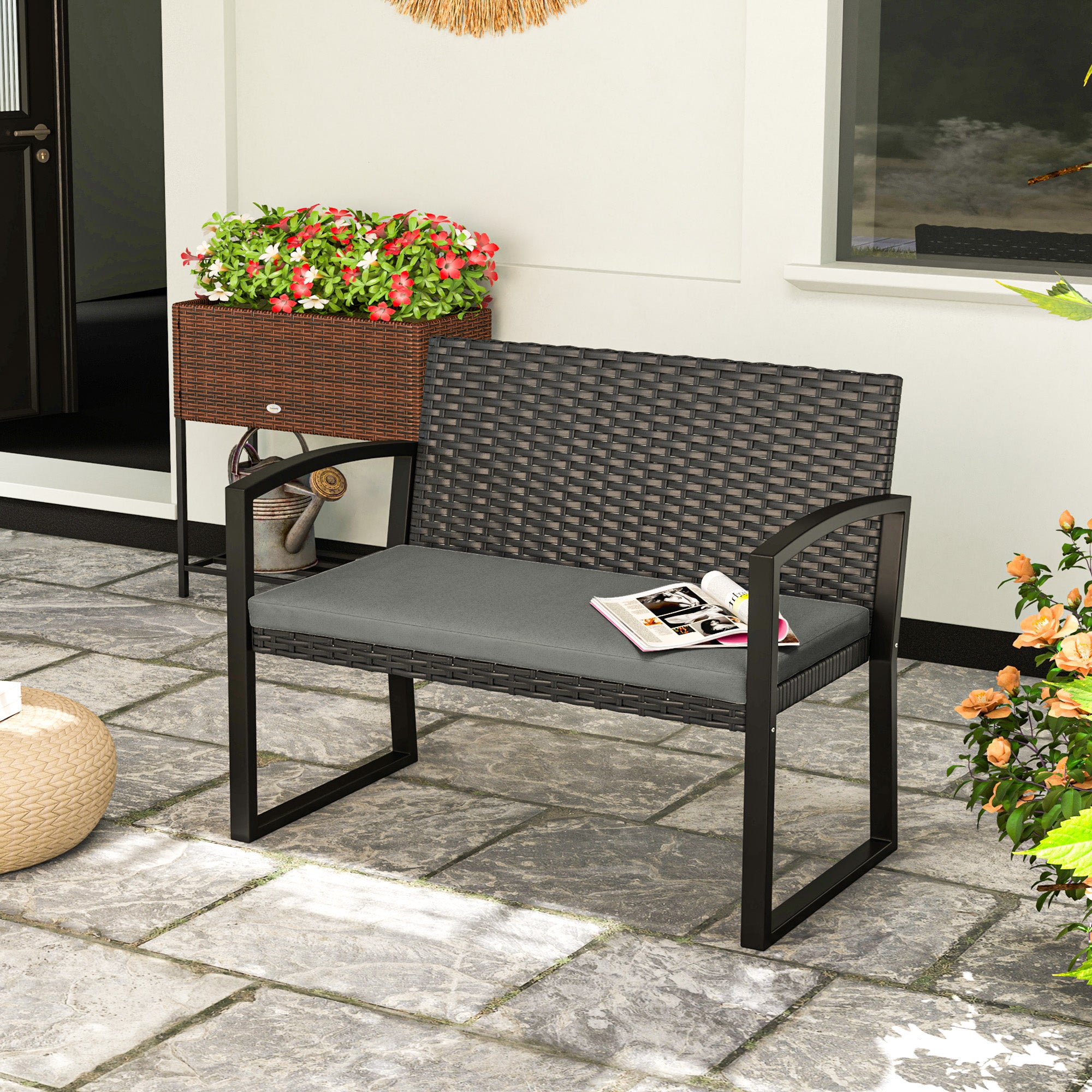 Outsunny Two-Seater Rattan Garden Bench - Grey/Black