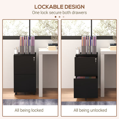 Vinsetto 2-Drawer Vertical Filing Cabinet with Lock and 5 Wheels, Steel Mobile File Cabinet, for A4, Legal and Letter Size, Pre-Assembled Body, Black 