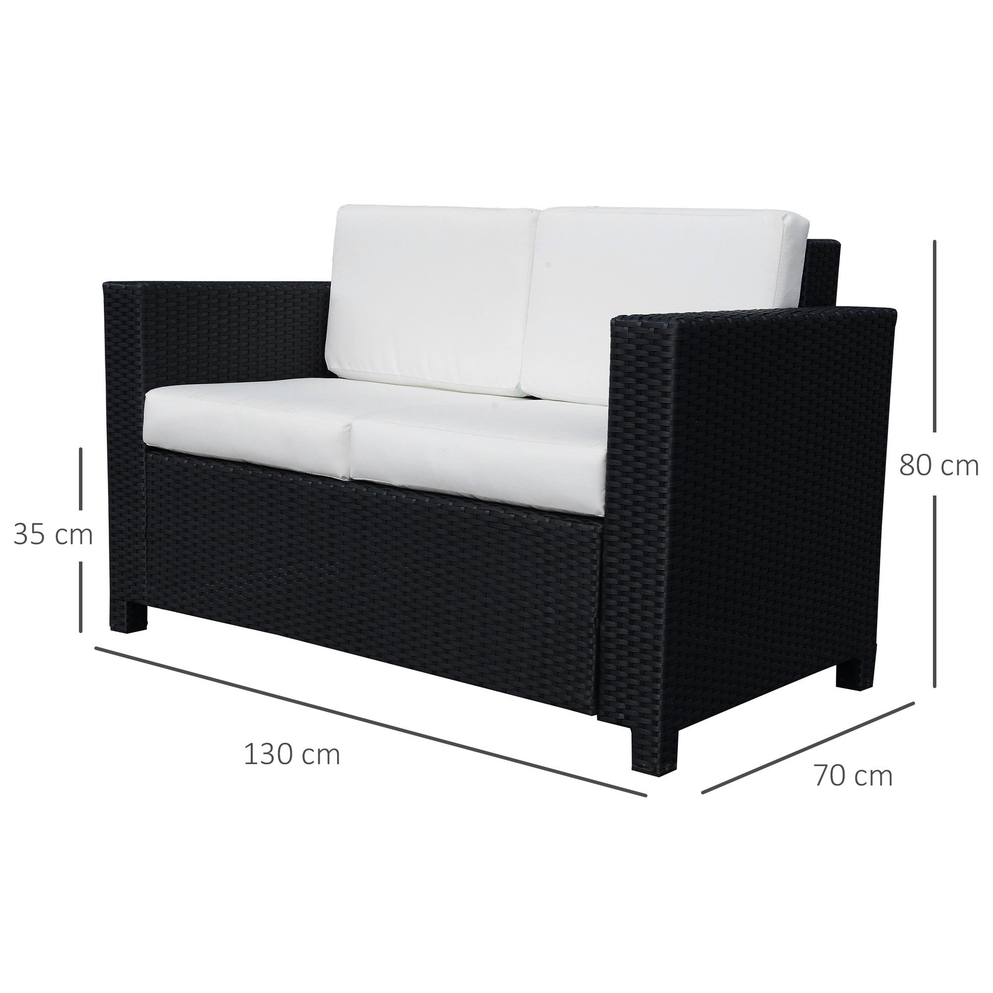 Outsunny 2 Seater Rattan Sofa with Soft Padded Cushion, All-Weather PE Wicker Weave Garden Loveseat with Armrests, Black 