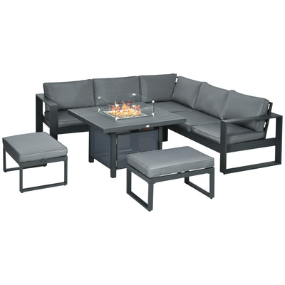 Outsunny 6-Piece Aluminium Garden Furniture Set, Outdoor Conversational Corner Sofa Loveseat Footstool Sectional with Gas Fire Pit Table for Yard, Poolside, Grey 