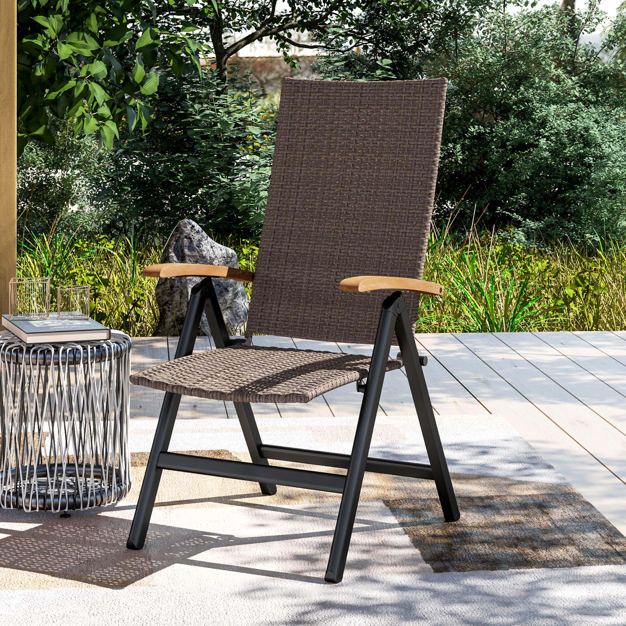 Outsunny Outdoor Folding Rattan Chair with Armrests, High Backrest, for Garden, Camping, Balcony, Porch - Brown 