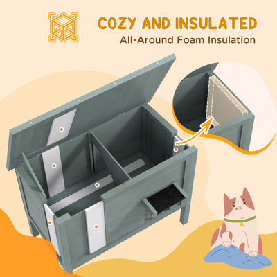 PawHut Feral Cat House, Wooden Insulated with Removable Floor, Water-Resistant Openable Roof - Charcoal Grey 