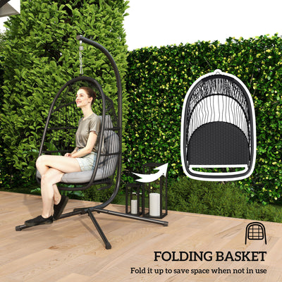 Outsunny Rattan Hanging Egg Chair with Stand, Foldable Wicker Swing Egg Chair with Cushion, Head Pillow, Steel Frame, Hammock Chair for Indoor Outdoor, Capacity 150 kg, Dark Grey 