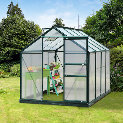 Outsunny 6 x 8ft Polycarbonate Greenhouse, Large Walk-In Green House with Slide Door and Window, Garden Plants Grow House with Aluminium Frame and Foundation, Dark Green 