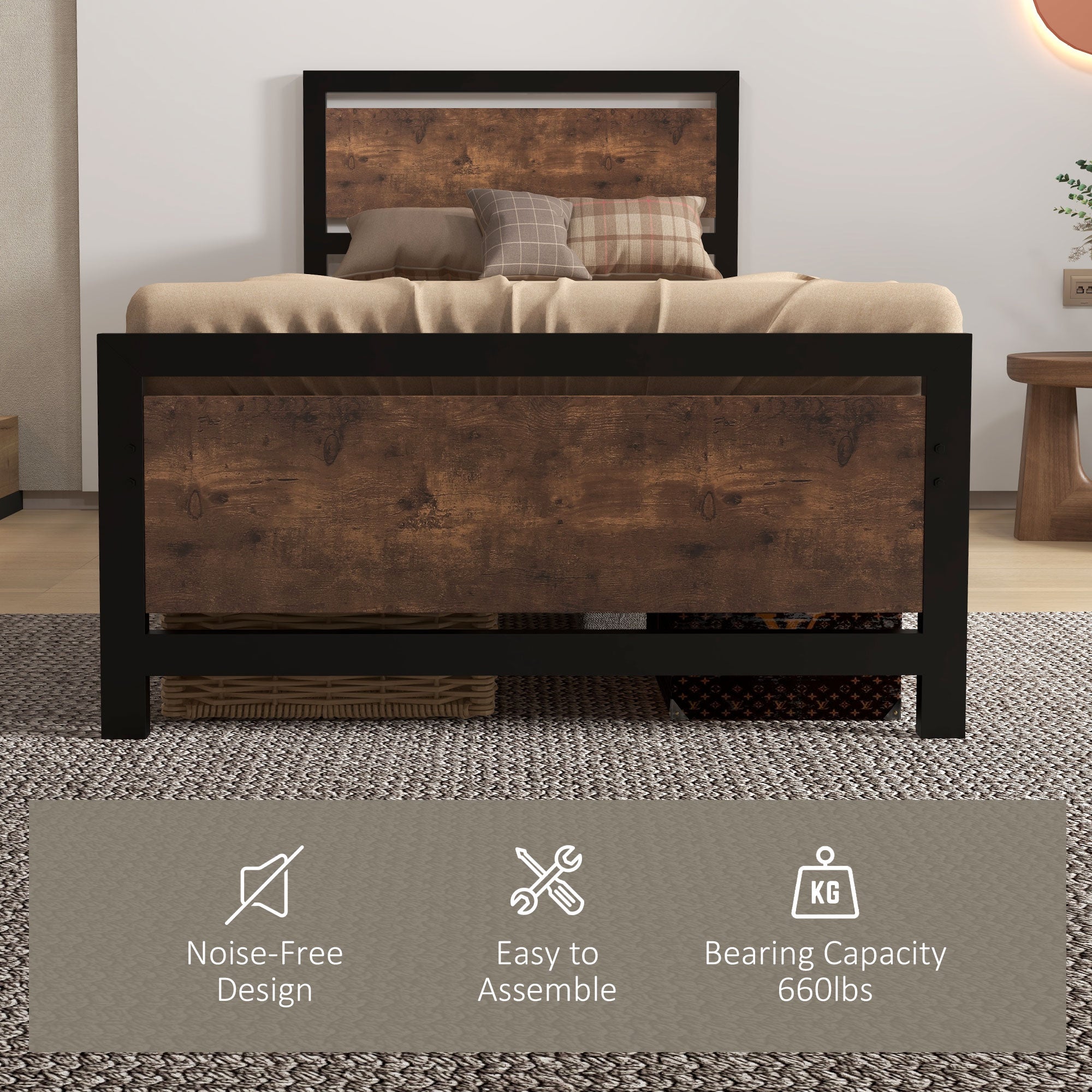 HOMCOM Single Size Metal Bed Frame with Headboard & Footboard, Strong Slat Support Solid Bedstead Base w/ Underbed Storage Space, Bedroom Furniture For Adults 
