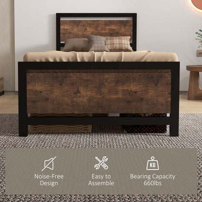 HOMCOM Single Size Metal Bed Frame with Headboard & Footboard, Strong Slat Support Solid Bedstead Base w/ Underbed Storage Space, Bedroom Furniture For Adults 