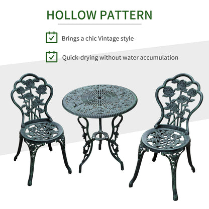 Outsunny Cast Aluminium Outdoor Patio Garden Bistro Elegant Design Table Chair Set - Green (3-Piece) 