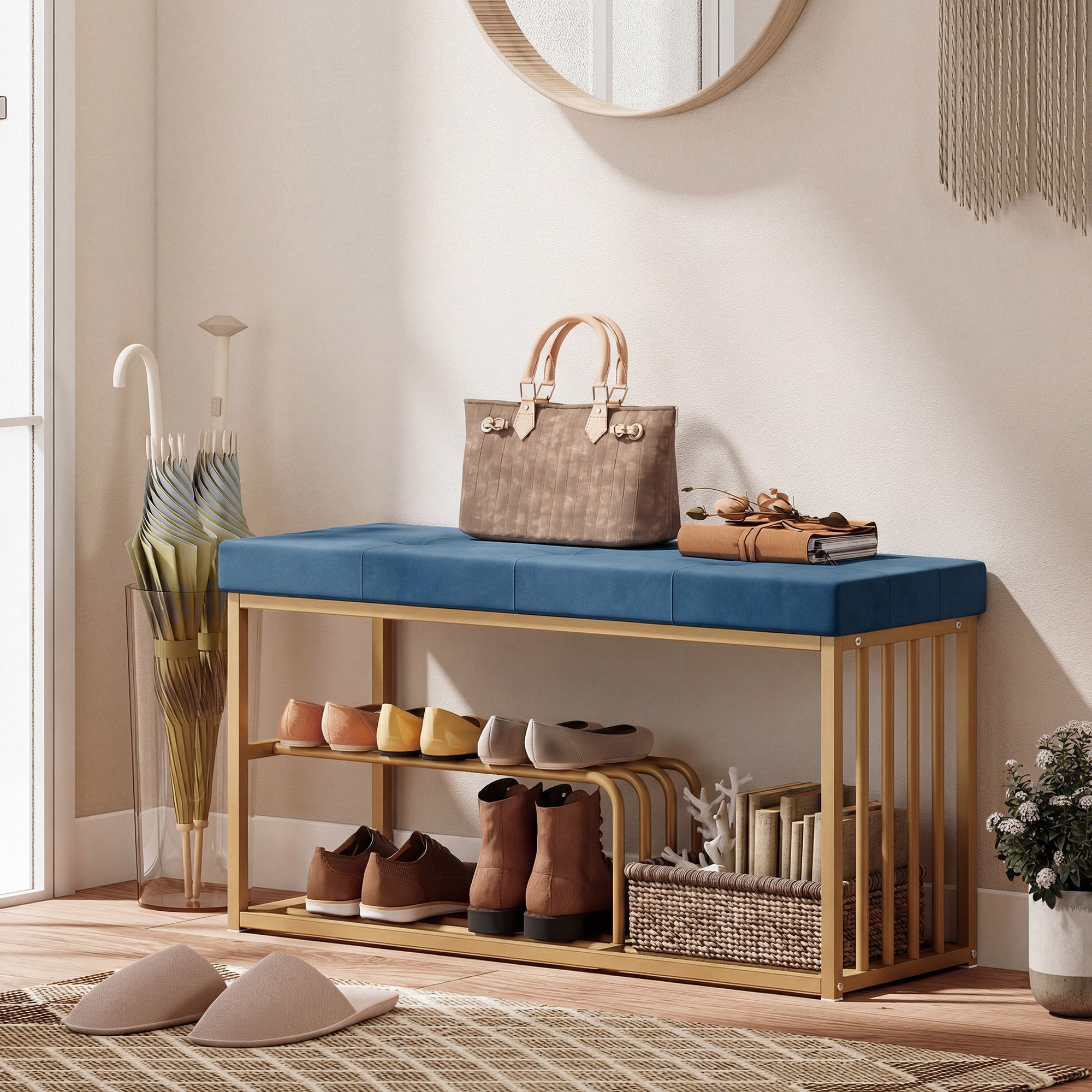 HOMCOM Bench and Shoe Storage, Tufted Shoe Storage Bench with Velvet Seat Cushion Gold Steel Frame for Entryway, Dark Blue 
