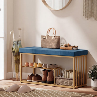 HOMCOM Bench and Shoe Storage, Tufted Shoe Storage Bench with Velvet Seat Cushion Gold Steel Frame for Entryway, Dark Blue 