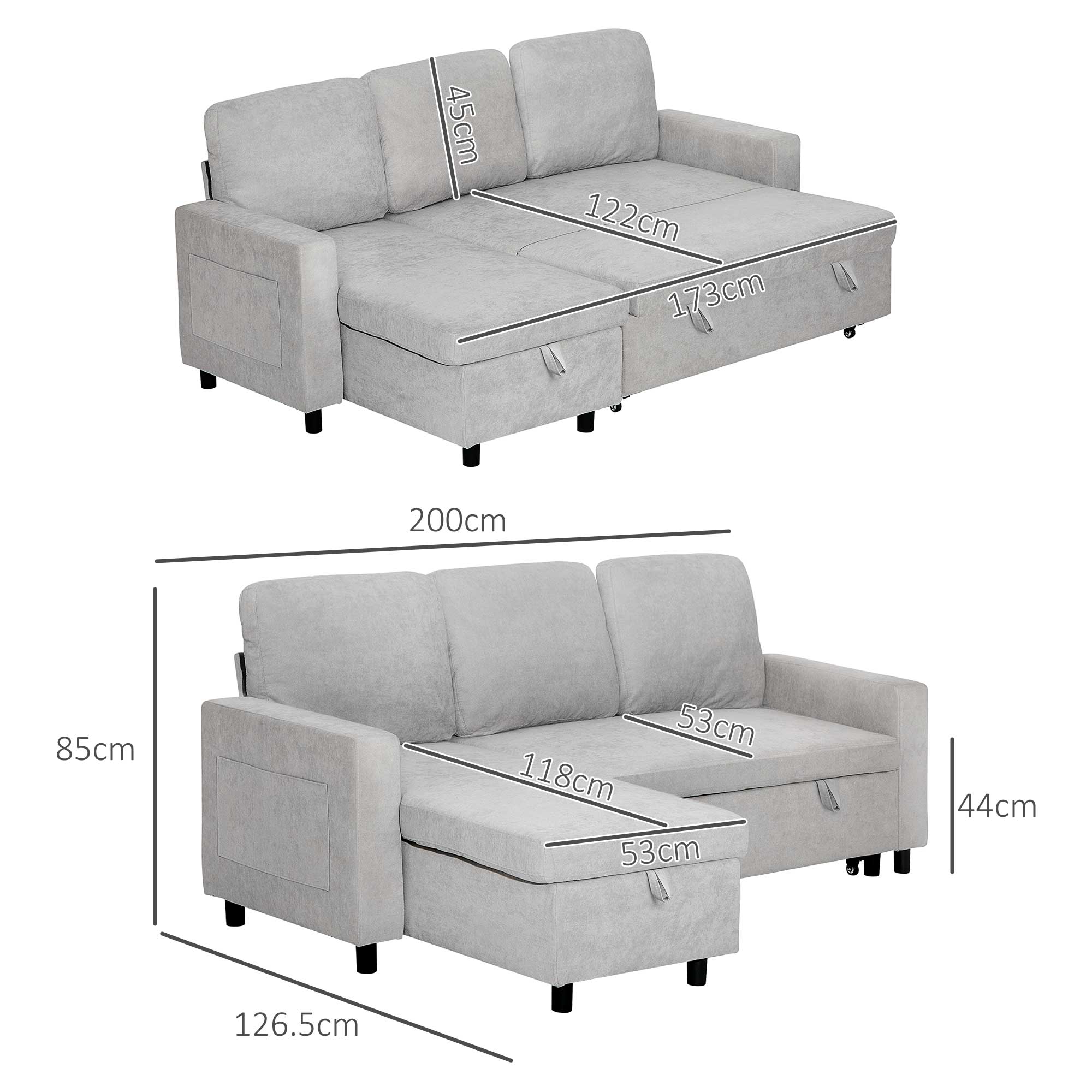 HOMCOM L Sofa Bed, with Storage - Light Grey 