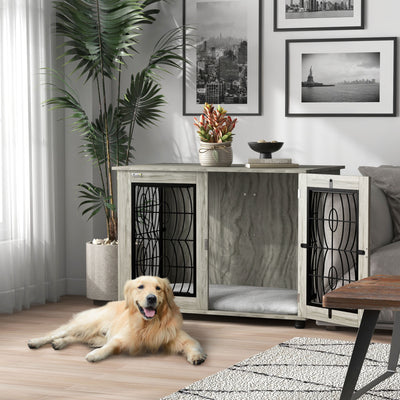 PawHut Indoor Dog Crate Furniture End Table with Soft Washable Cushion, Lockable Front Door, for Large Dogs - Grey 