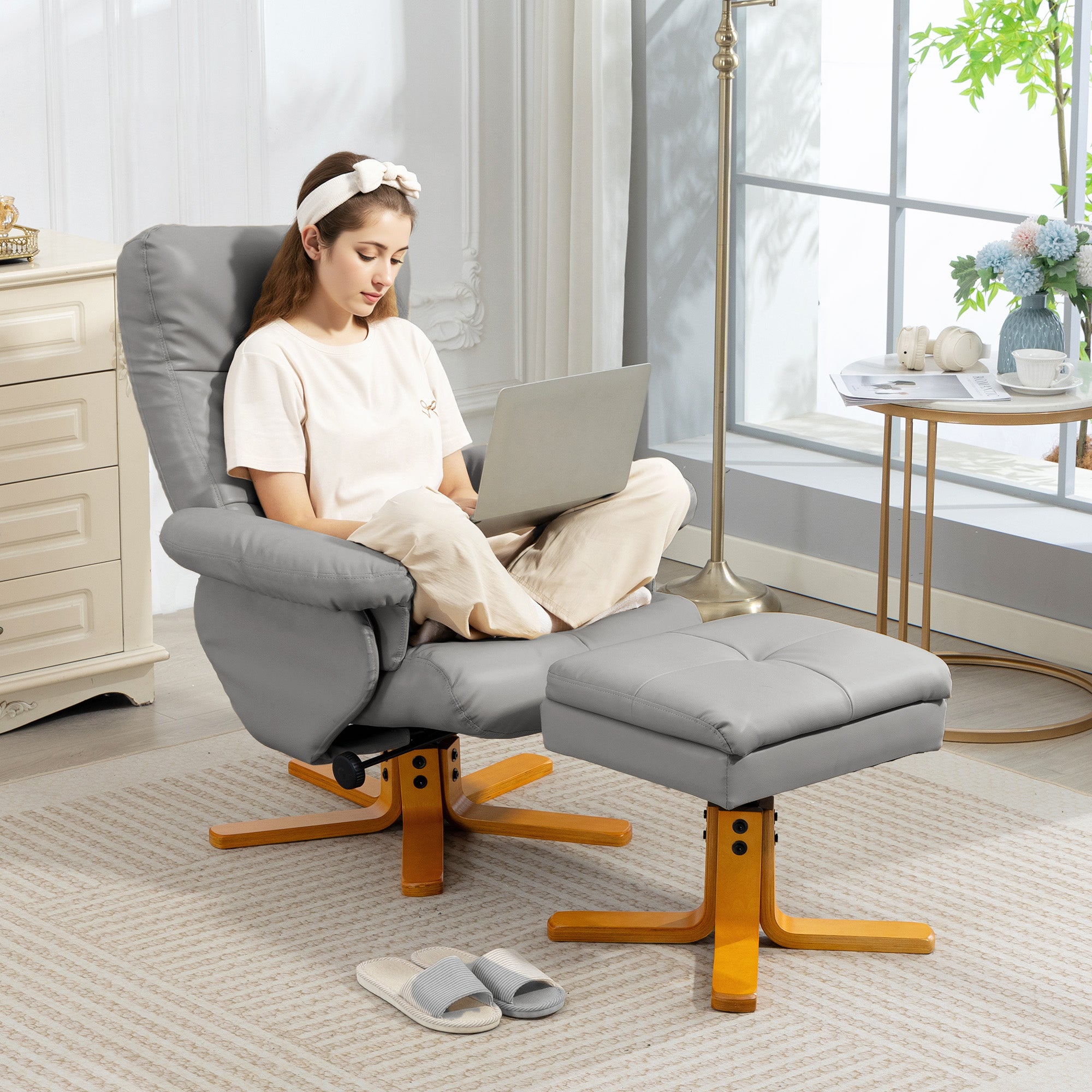 HOMCOM PU Leather Swivel Recliner Chair with Footstool, Wooden Base and Storage for Living Room, Light Grey 
