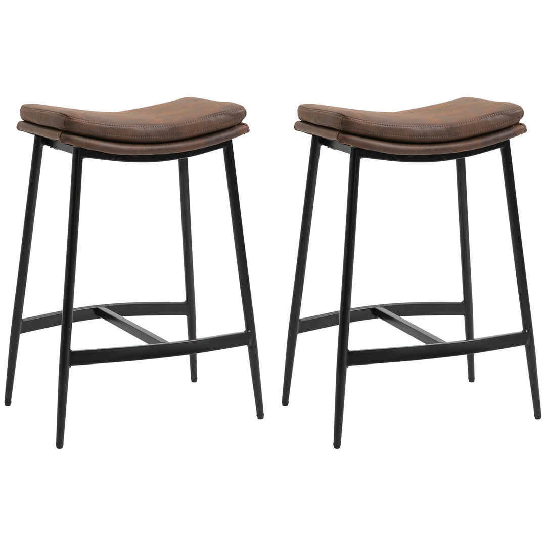 HOMCOM Breakfast Bar Stools Set of 2, Microfibre Upholstered Barstools, Industrial Bar Chairs with Curved Seat and Steel Frame for Dining Room, Kitchen, Brown 