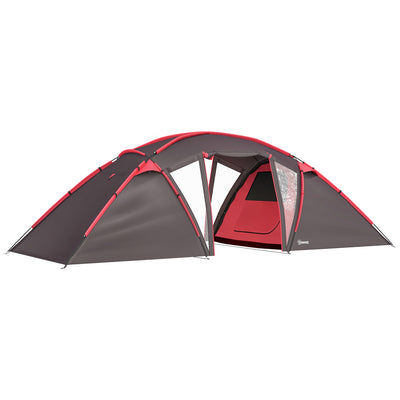 Outsunny 4-6 Man Family Camping Tent w/ 2 Bedrooms and a Living Room, Waterproof Tunnel Tent w/ Sewn In Groundsheet, Doors, Windows, Carry Bag, Grey 