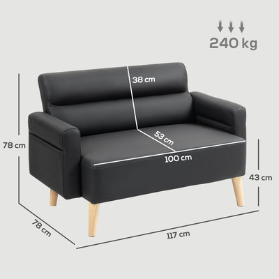 HOMCOM Small Faux Leather 2 Seater Sofa Settee - Black 
