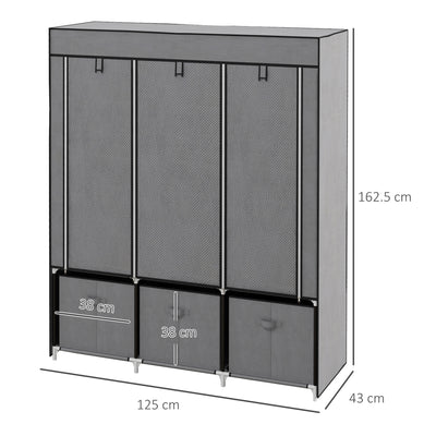 HOMCOM Fabric Wardrobe for Bedroom, Portable Wardrobe with 5 Shelves, 2 Hanging Rails and 3 Fabric Drawers, Foldable Closet, 125 x 43 x 162.5cm, Dark Grey 