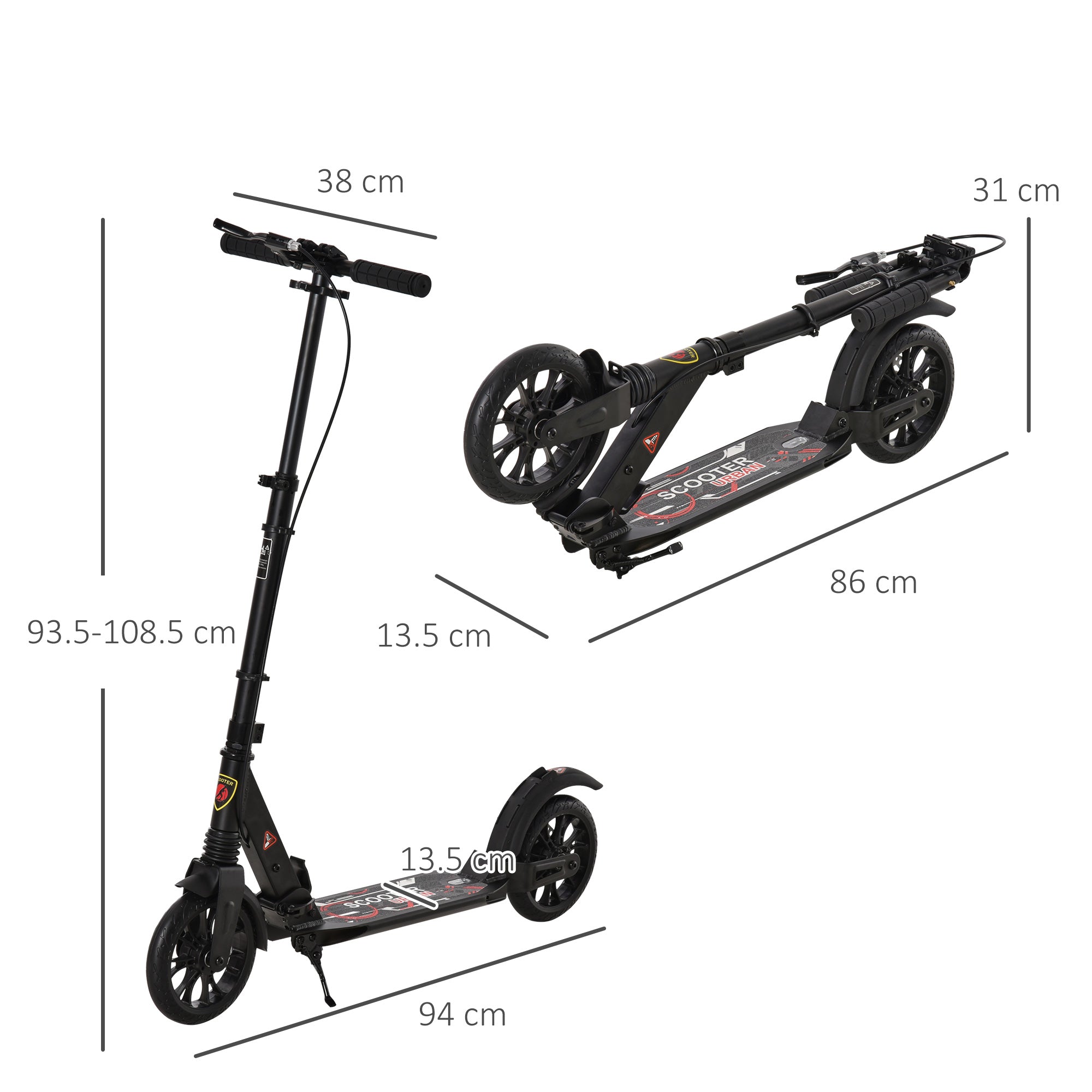HOMCOM Adult Teens Kick Scooter Foldable Height Adjustable Aluminium Ride On Toy for 14+ w/ Rear Wheel & Hand Brake, 200mm Big Wheels, Shock Mitigation System - Black 