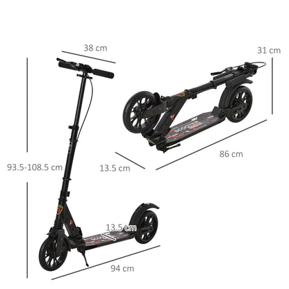 HOMCOM Adult Teens Kick Scooter Foldable Height Adjustable Aluminium Ride On Toy for 14+ w/ Rear Wheel & Hand Brake, 200mm Big Wheels, Shock Mitigation System - Black 
