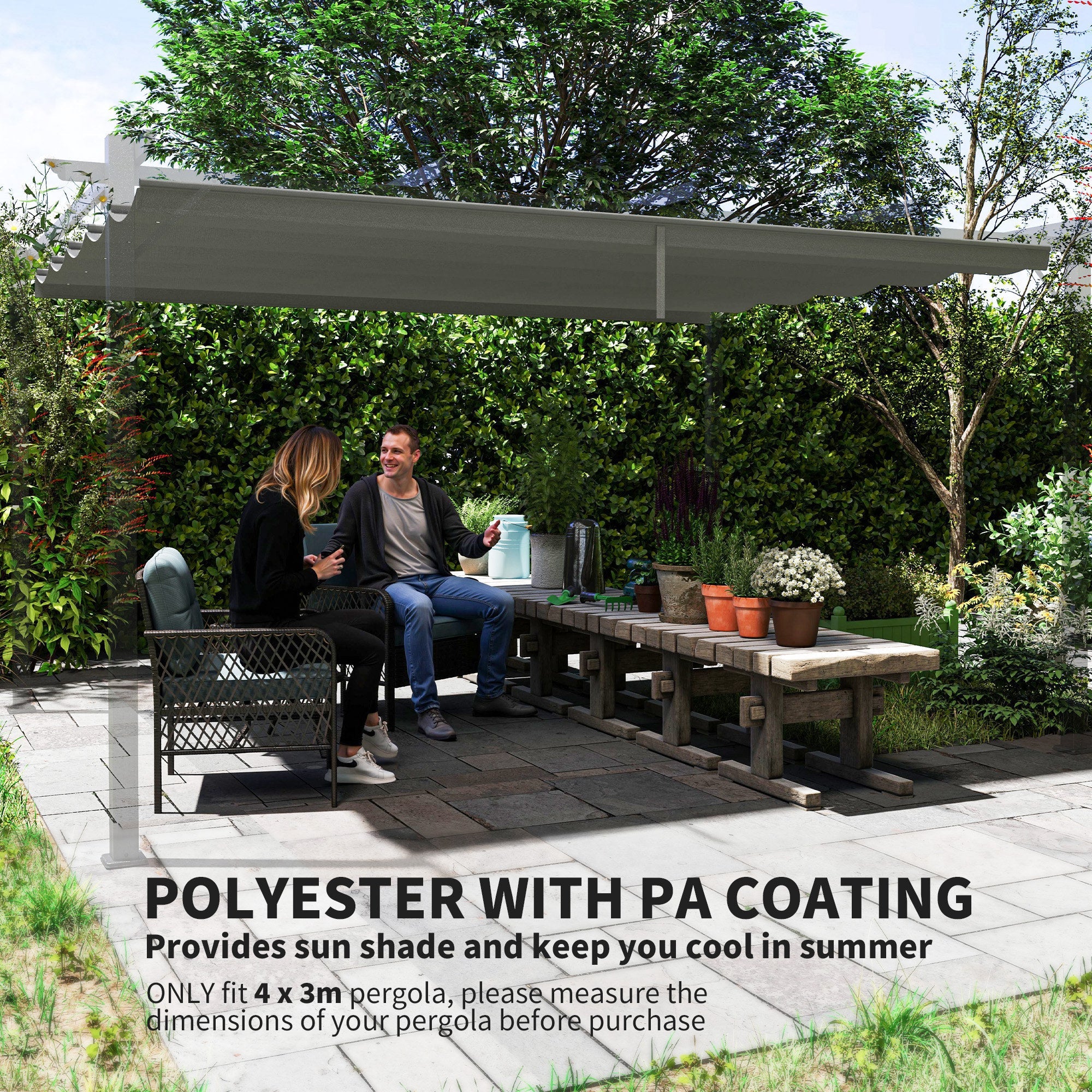 Outsunny Retractable Pergola Shade Cover, Replacement Canopy for 4 x 3 (m) Pergola, Retractable Roof, Light Grey 