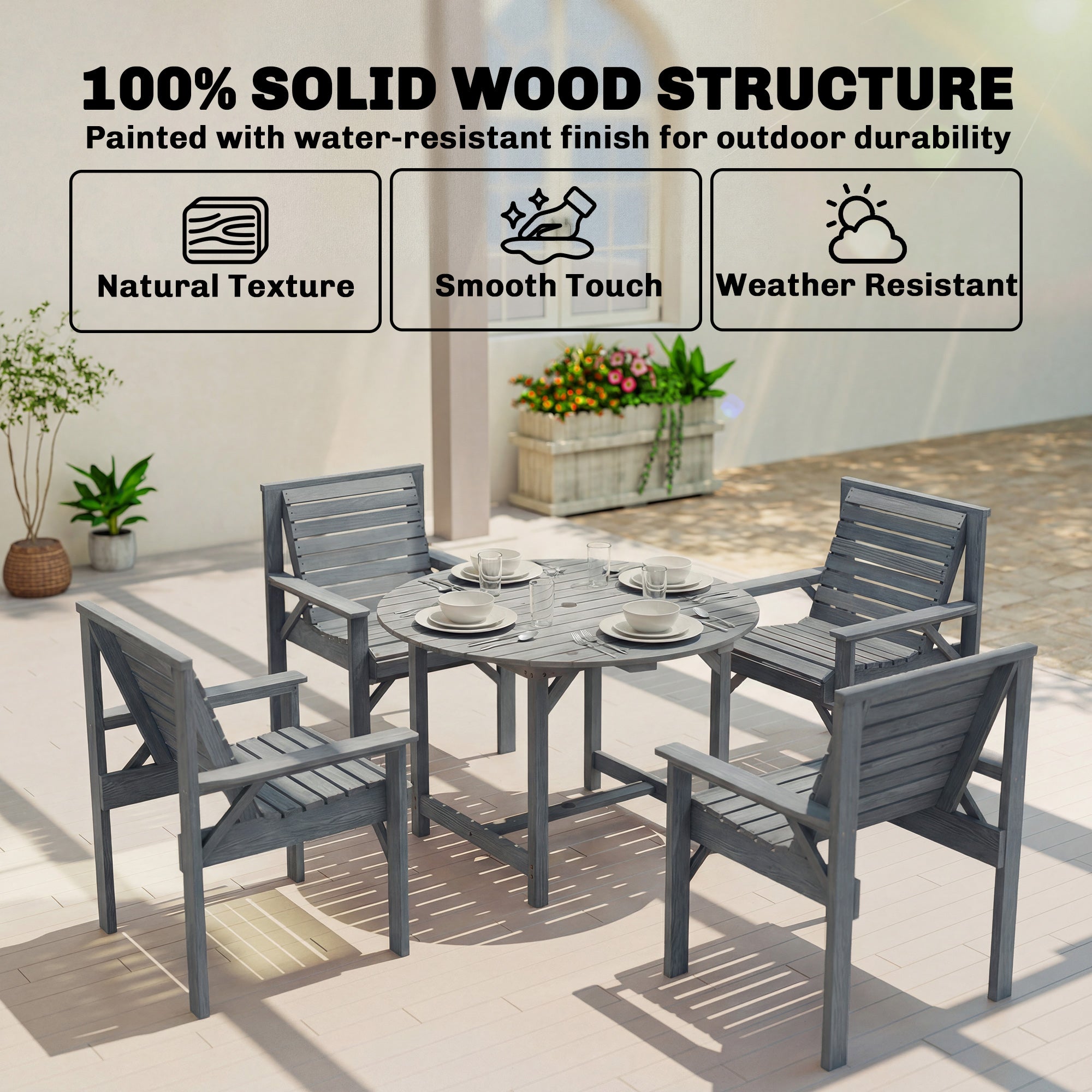 Outsunny 5 Pieces Garden Dining Set with Parasol Hole, Round Outdoor Table and Chairs, 4 Seater Wooden Garden Furniture, Grey 
