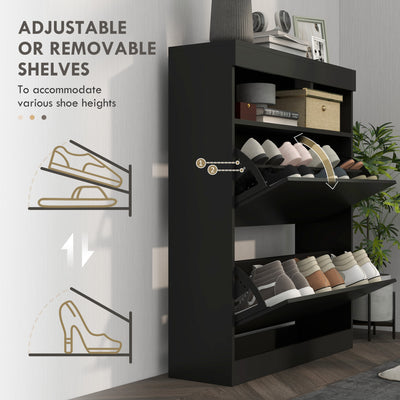 HOMCOM 16 Shoe Pair Storage Cabinet, with Flip Doors - High Gloss Black 