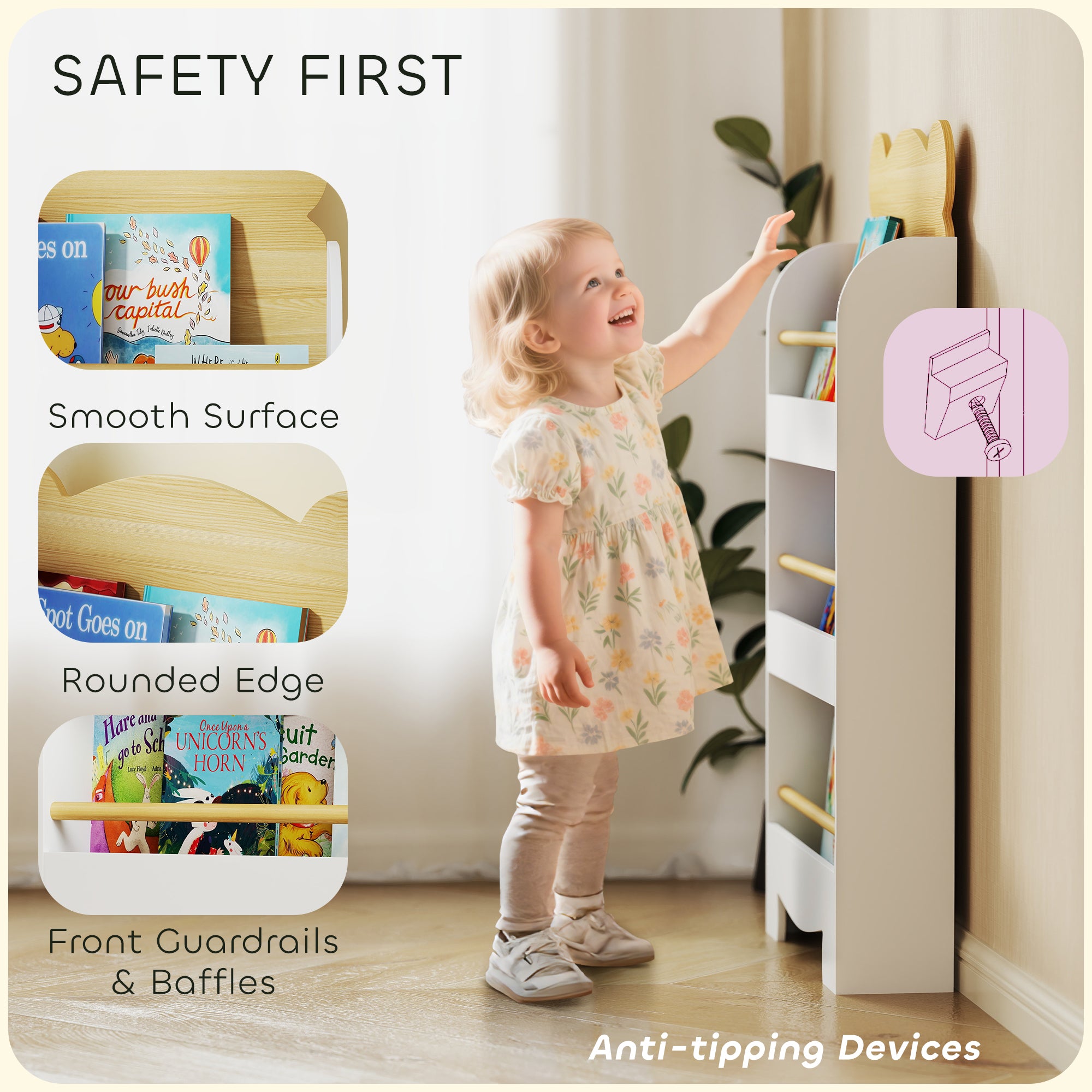 AIYAPLAY Kids Bookshelf, 3 Tier Children Bookcase, Bear Theme Toddler Space-Saving Bookcase for Living Room, White 