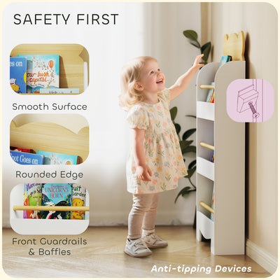 AIYAPLAY Kids Bookshelf, 3 Tier Children Bookcase, Bear Theme Toddler Space-Saving Bookcase for Living Room, White 