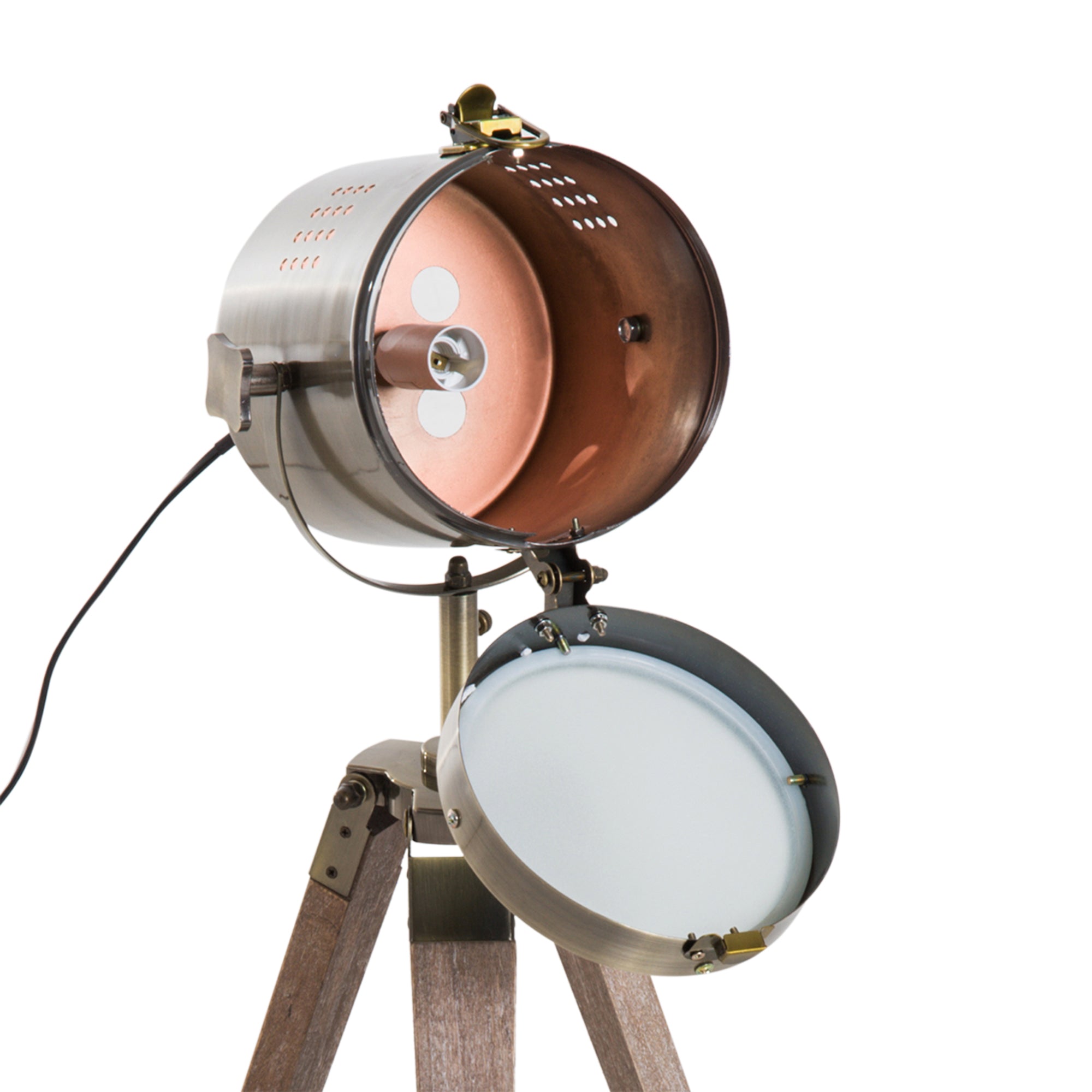 HOMCOM Vintage Tripod Table Desk Lamp Bedside Light Spotlight Brass Antique Searchlight Wooden Base 