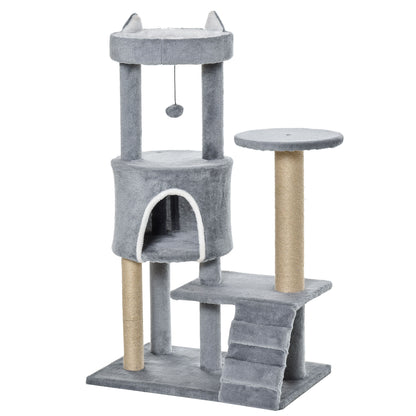 PawHut 100 cm Cat Tree, Cat Condo Tree Tower for Indoor Cats, Cat Activity Centre with Scratching Posts, Plush Perch, Ladder, Hanging Ball - Light Grey 