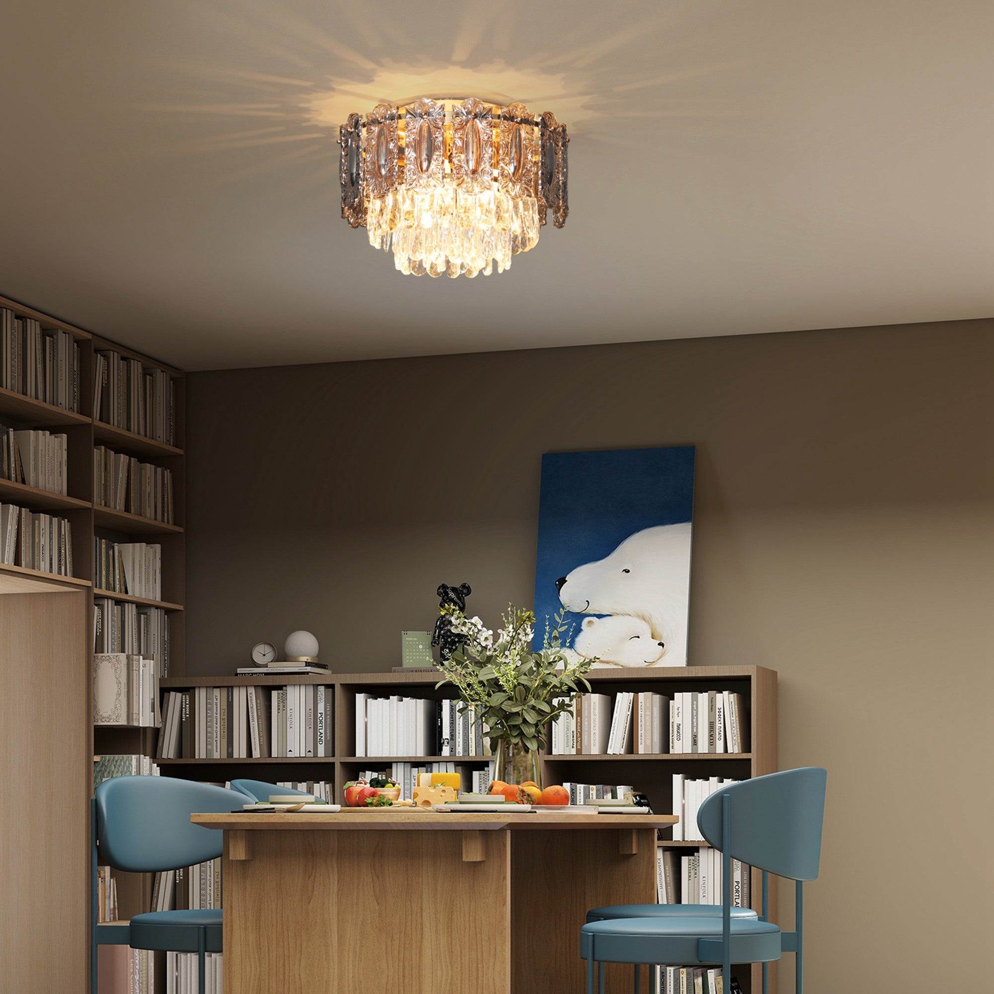 HOMCOM Chandelier Ceiling Light, 3-Light Flush Mount Fixture with Dual Crystal and Smoke Glass Shade, 40 cm LED Ceiling Light for Living Room Bedroom, 3 E14 Sockets, Bulbs Not Included, Gold Tone 